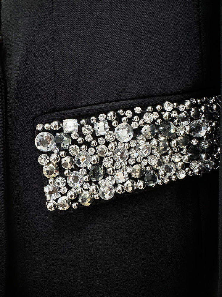 In Stock 2026 European and American Trendy Fashion New Style Handmade Luxurious Heavy Beading and Rhinestone Embellished Slim Fit Mid-Length Blazer