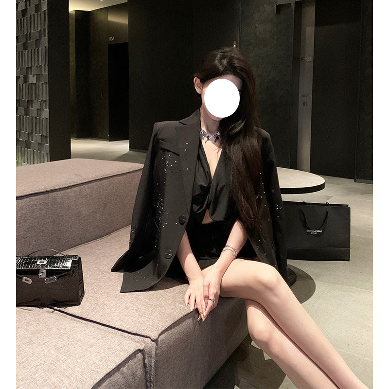 Dinner Party Celebrity Fine Glitter Hot Diamond Silhouette Suit Exquisite Niche Shoulder Pad Jacket Suit for Women New