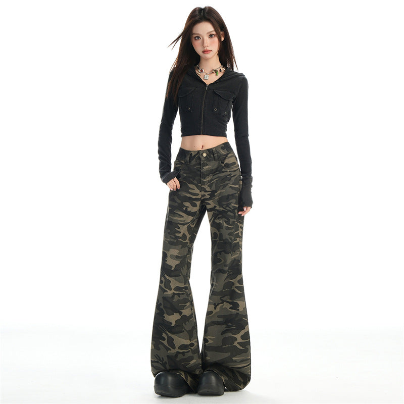 Autumn New Non-Elastic Slightly Spicy Cargo Pants American Retro Camouflage Flap Pocket Design Jeans for Women