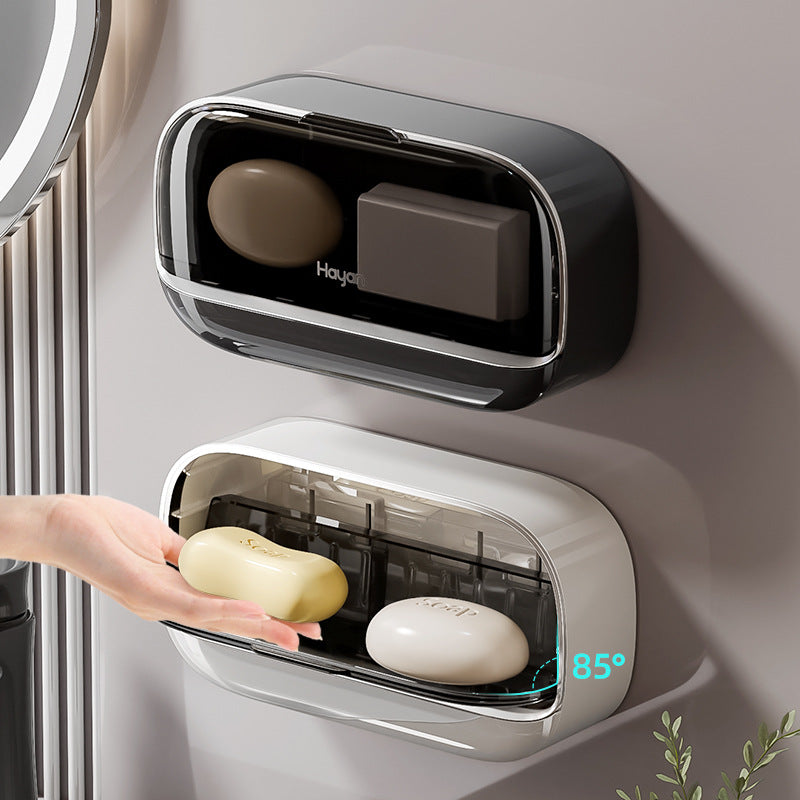 Double-compartment Soap Box Flip Cover Non-perforated Wall-mounted Draining Soap Box Bathroom Household High-end Light Luxury Storage Box