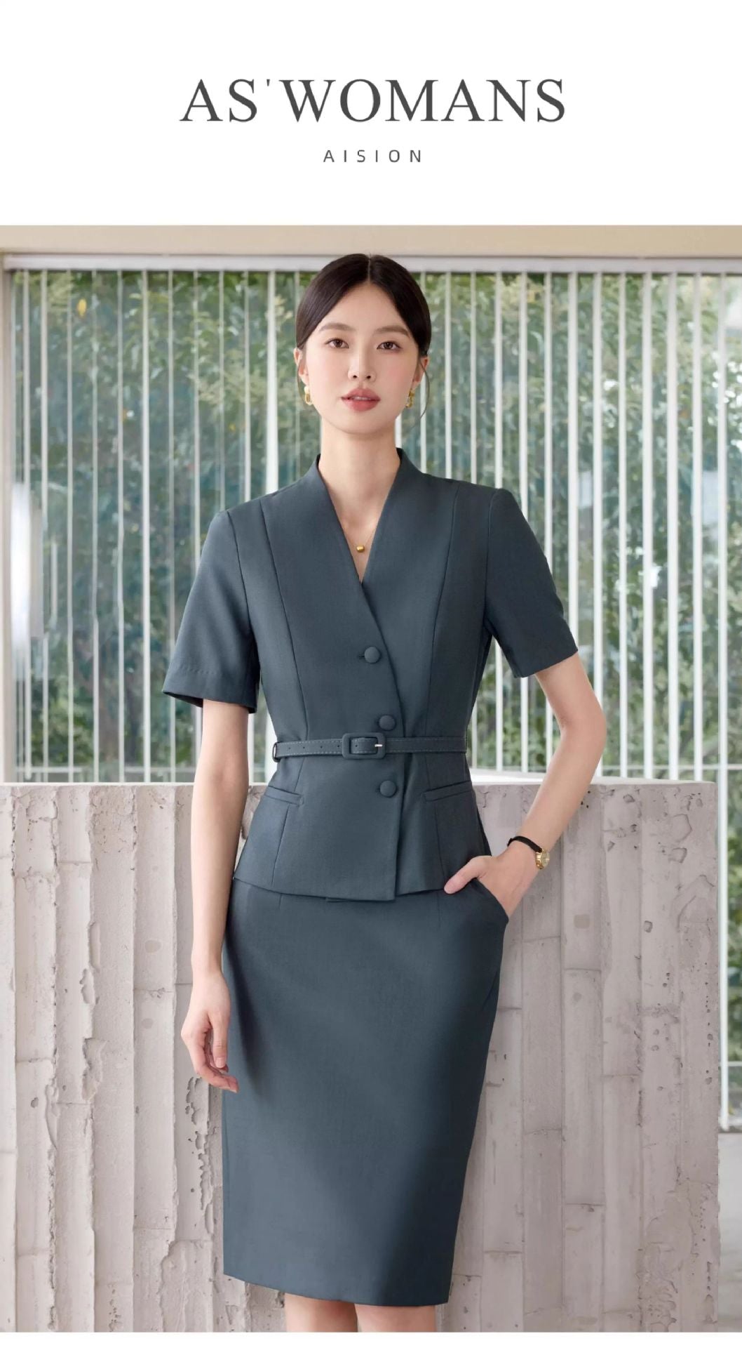 Summer New Design V-Neck Professional Women's Skirt Suit in Gray-Green, Slim-Fit and Flattering, Suitable for Reception and Work Attire