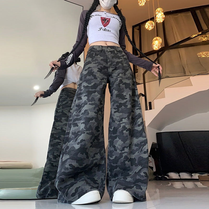 Plus Size Workwear Wide-Leg Camouflage Jeans for Women, Autumn American Style, Loose Retro Drape, Lazy Straight Pants for Chubby Women