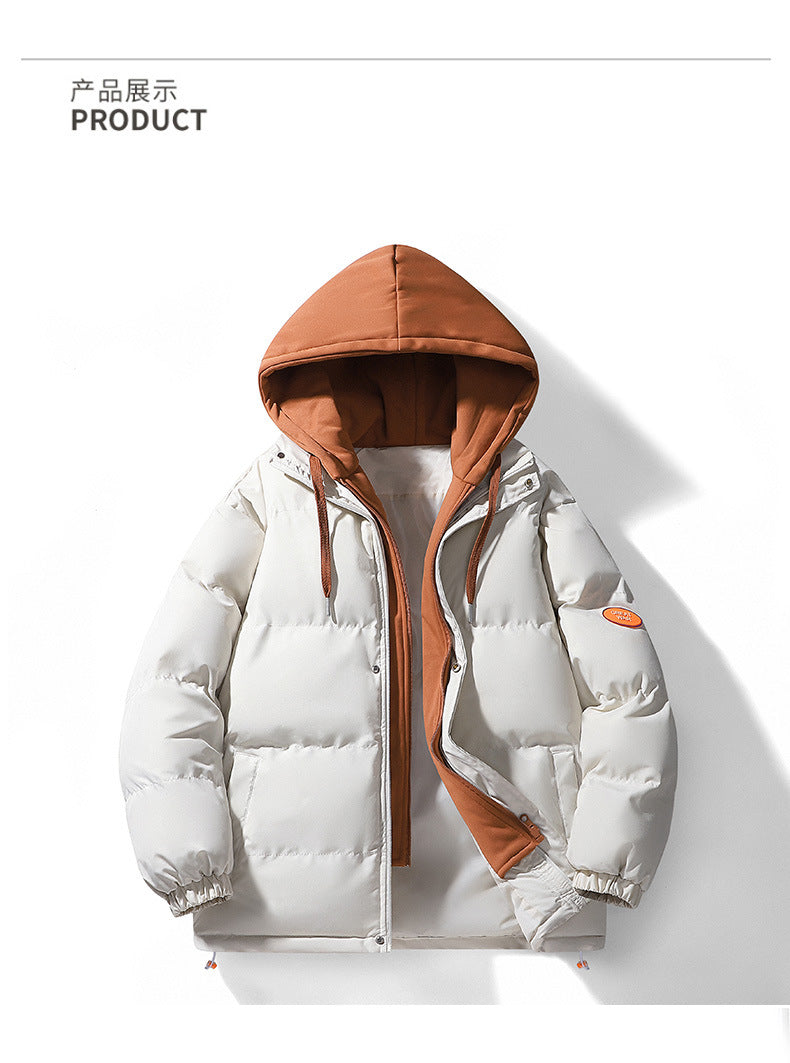 Autumn and Winter New Style Fake Two-Piece Cotton Jacket for Men, High-Quality Puffer Jacket, Couple's Style, Thickened and Warm Hooded Cotton Coat