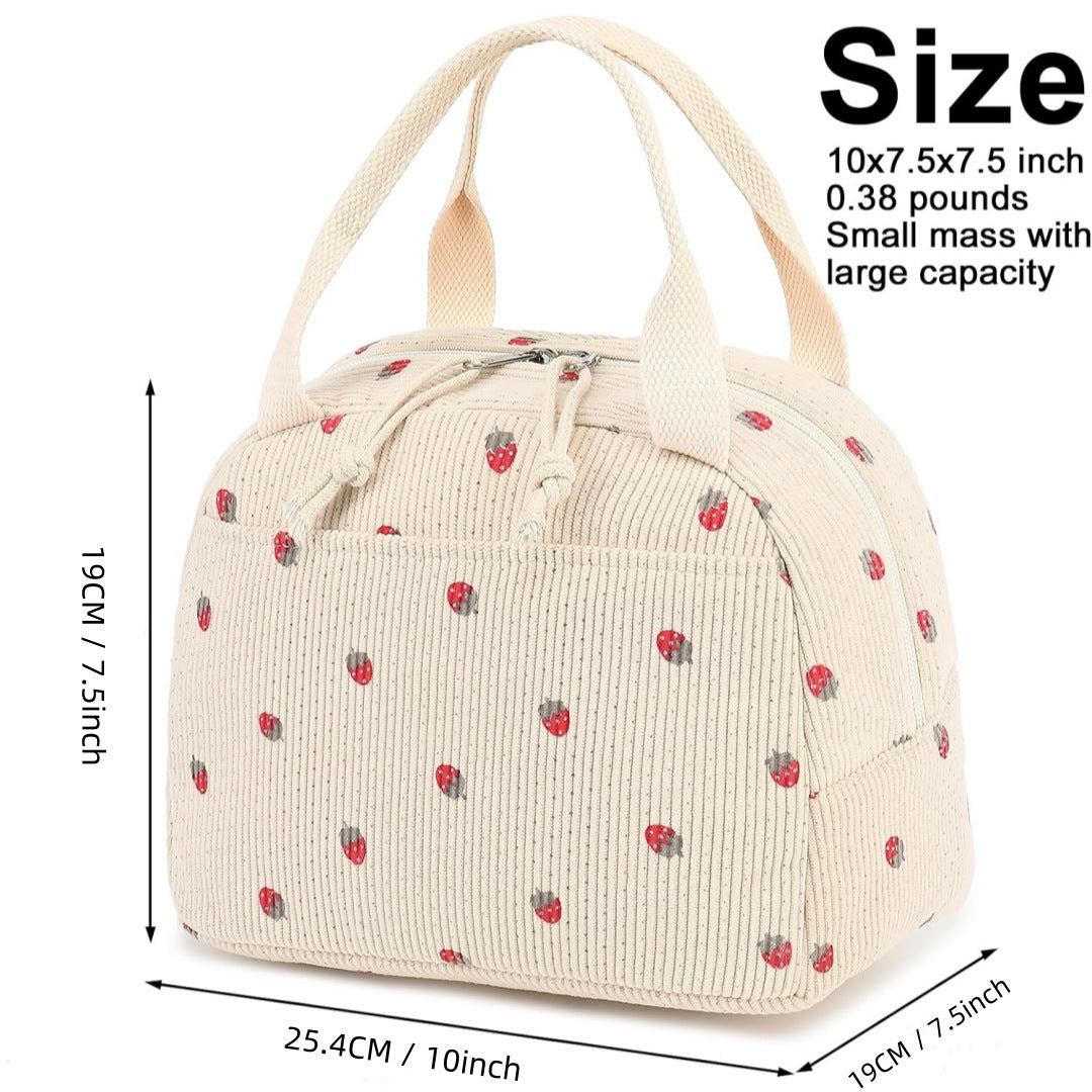 Cross-Border New Product Corduroy Printed Portable Lunch Bag Large Capacity Travel Picnic Ice Bag Work Insulation Bag