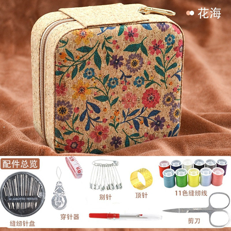 Retro Style Imitation Pu Leather Square Sewing Box Household Sewing and Mending Needle and Thread Set Portable Daily Essential Sewing Kit
