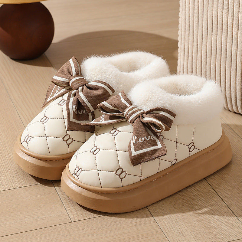 High-value Bow Waterproof Cotton Shoes Women's Bag Heel Winter Indoor Home fleece-lined Non-slip Cotton Slippers for Outer Wearing to Keep Warm