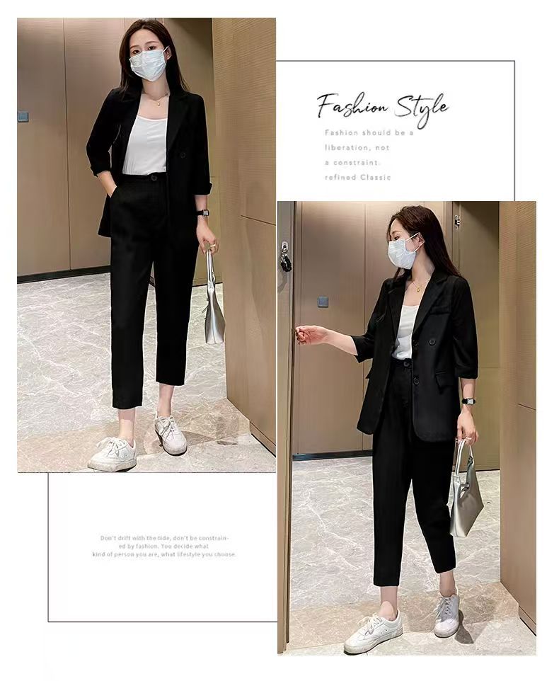 Cross-Border Plus Size Women's Clothing Plus Size Fashion Suit Women's Spring and Autumn Korean Style Temperament Back Slit Cropped Pants Two-Piece Set
