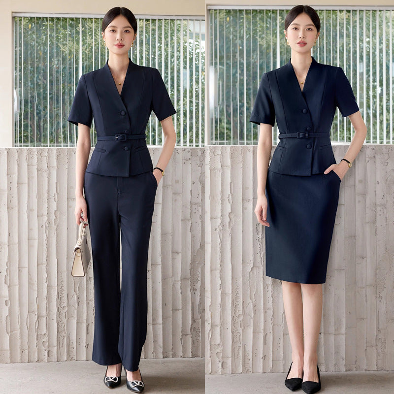 Summer New Design V-Neck Professional Women's Skirt Suit in Gray-Green, Slim-Fit and Flattering, Suitable for Reception and Work Attire