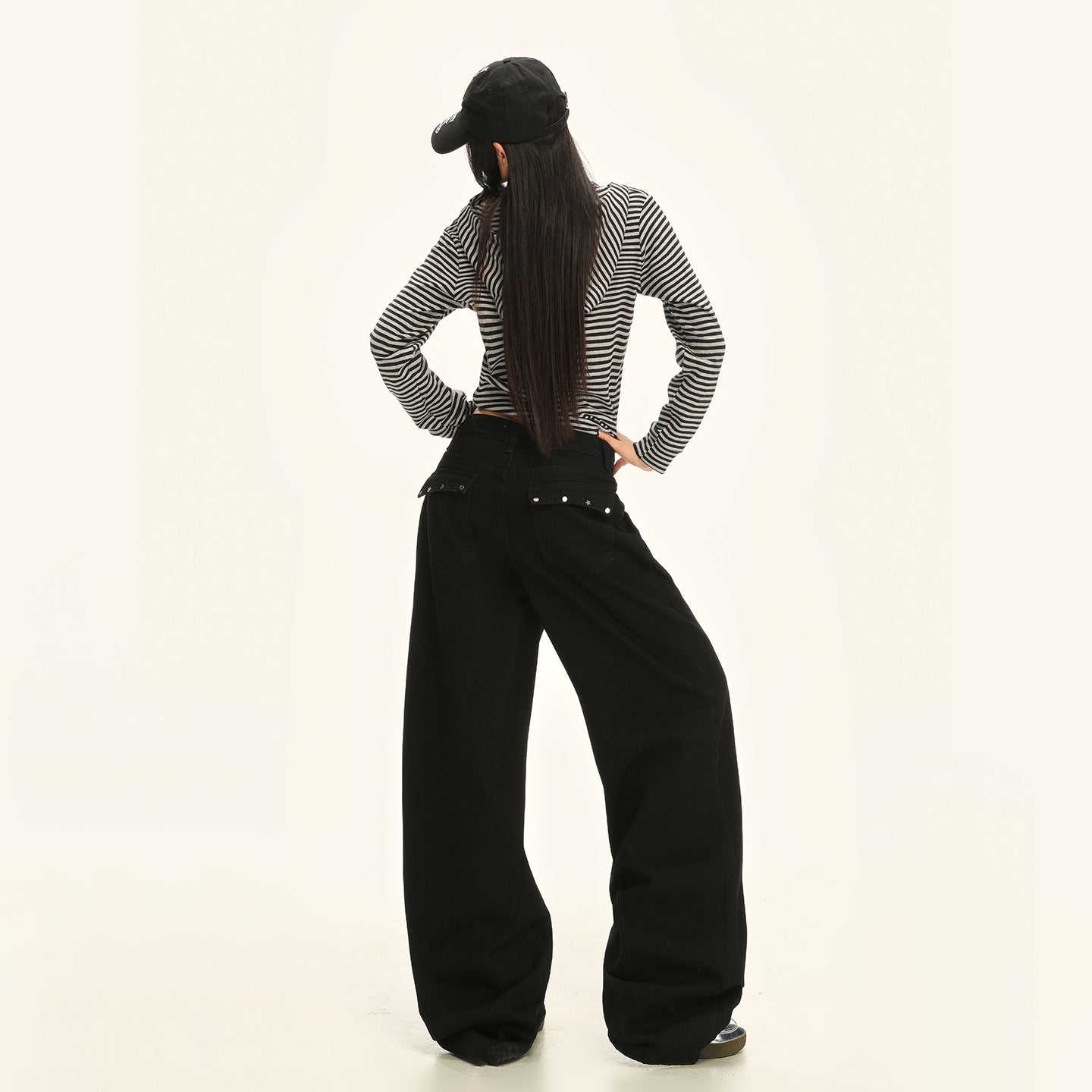 American Retro Pocket Design Black High-Waisted Wide-Leg Pants for Women, New Autumn Loose Drape Slimming Jeans for Women