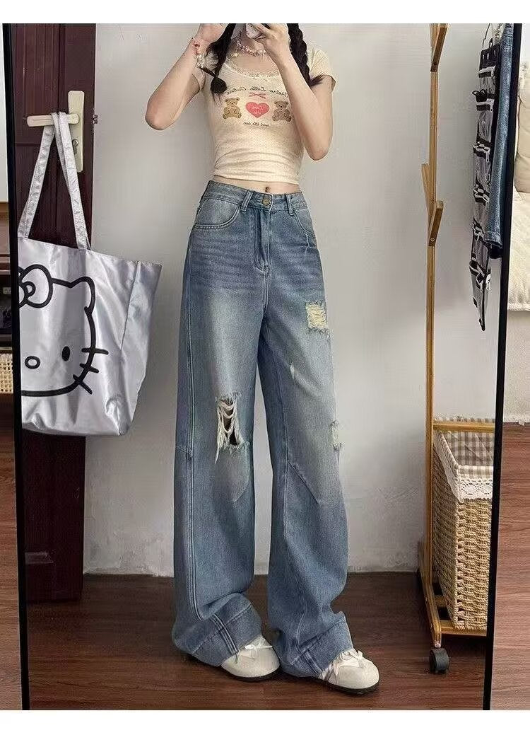 American Style Ripped Jeans for Women, Autumn New Plus-Size High-Waisted Pear-Shaped Figure Slimming Loose Wide-Leg Pants