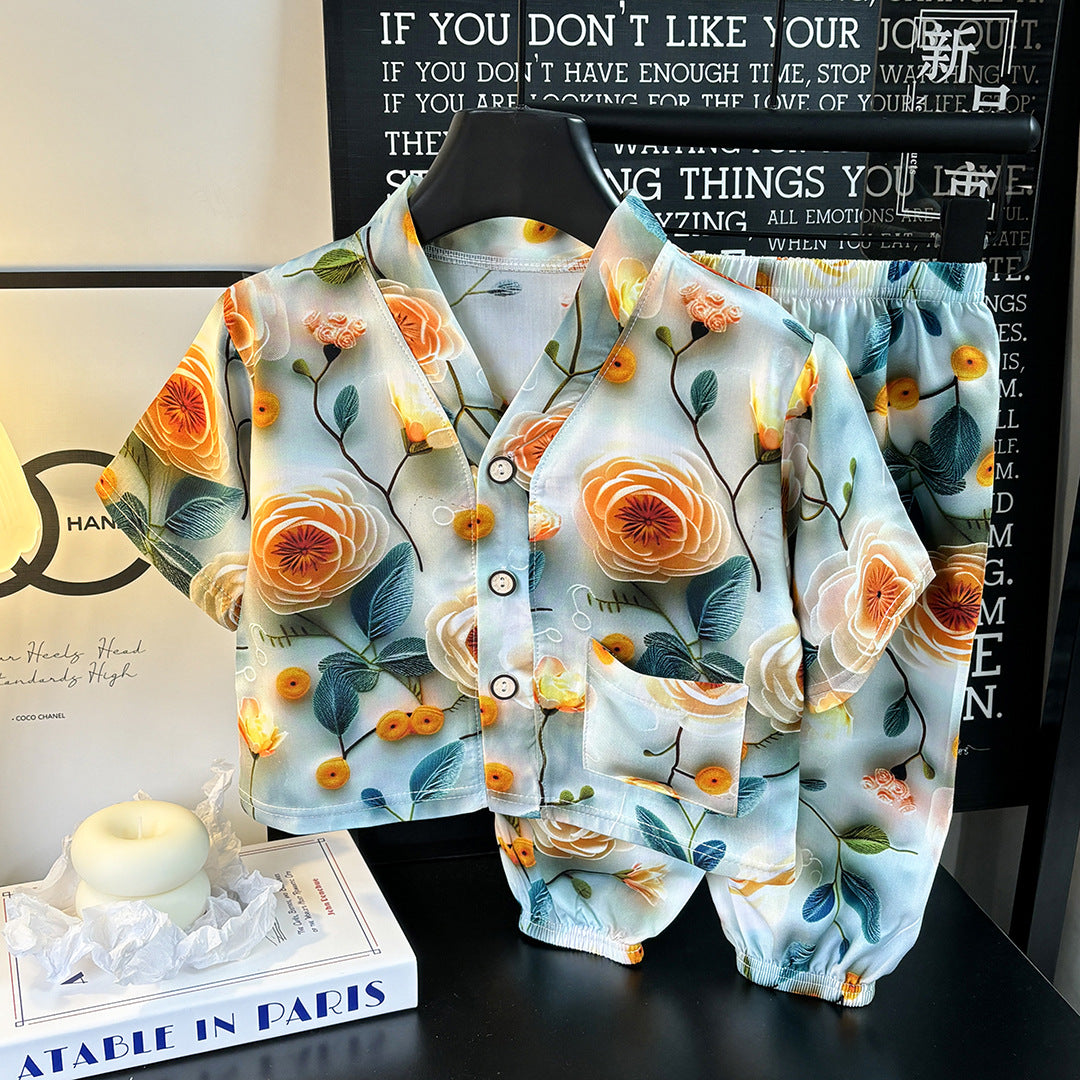 Children's Home Clothes Cotton Silk Suit Summer Boys and Girls Pajamas Artificial Cotton Two-Piece Set Cotton Silk Air-Conditioned Clothes Kidsren's Clothing