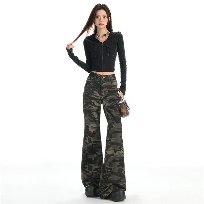 Autumn New Non-Elastic Slightly Spicy Cargo Pants American Retro Camouflage Flap Pocket Design Jeans for Women