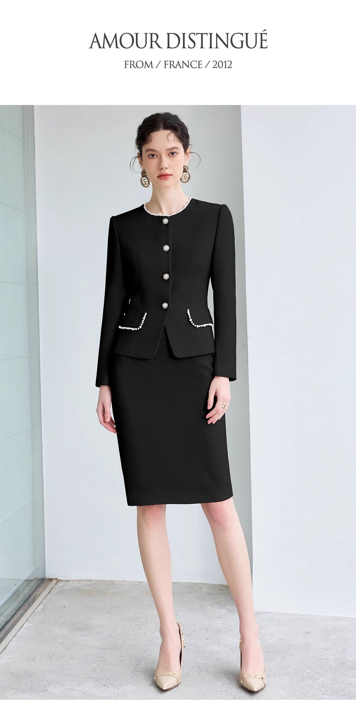 AD French Commuter Suit suit Women's High-end Pearl Crewneck Long-sleeved Jacket Black Business Dress Overskirt