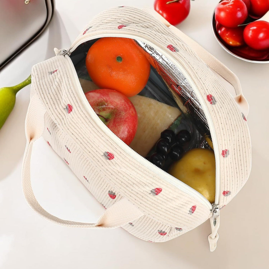 Cross-Border New Product Corduroy Printed Portable Lunch Bag Large Capacity Travel Picnic Ice Bag Work Insulation Bag