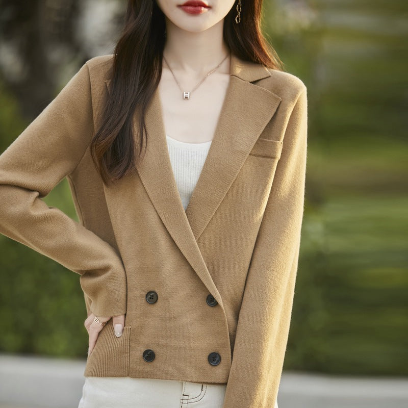 Spring and Autumn Suit Collar Worsted Wool Cardigan Women's Casual Tops Autumn and Winter Cashmere Sweater Top New Style