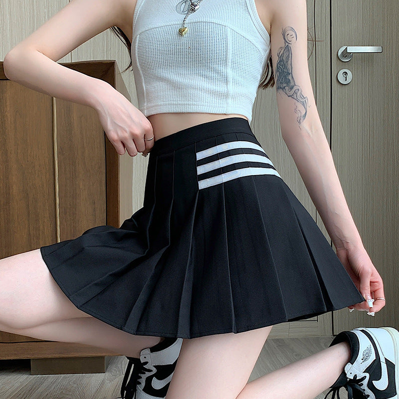 Black Pleated Skirt Summer Women's A- line High Waist New Pleated Skirt Striped Small College Style jk Skirt