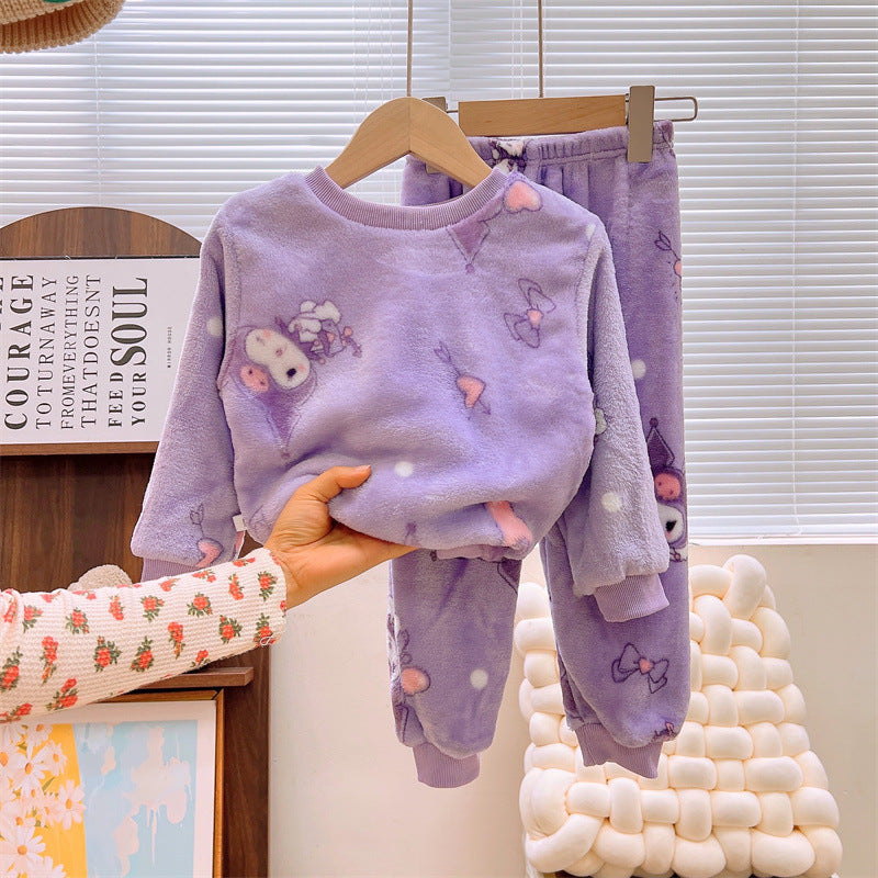 Men's and Women's Flannel Pajamas suit Autumn and Winter Middle and Big Children's Warm fleece-lined Thickened Autumn Clothes and Pants Home Clothes