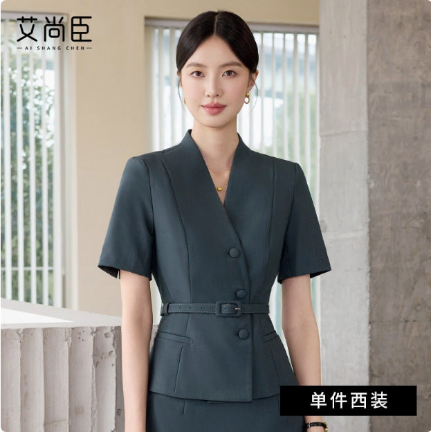 Summer New Design V-Neck Professional Women's Skirt Suit in Gray-Green, Slim-Fit and Flattering, Suitable for Reception and Work Attire