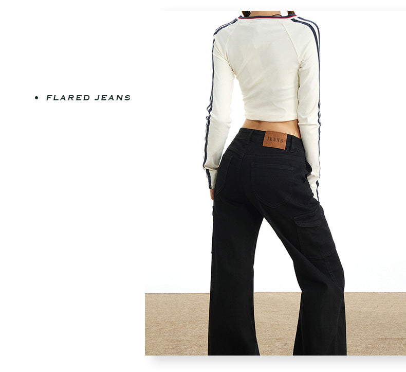 Eye-Catching Autumn and Winter Black Workwear Mid-Waist Elastic European and American Slightly Flared Wide-Leg Floor-Length Casual Jeans for Women
