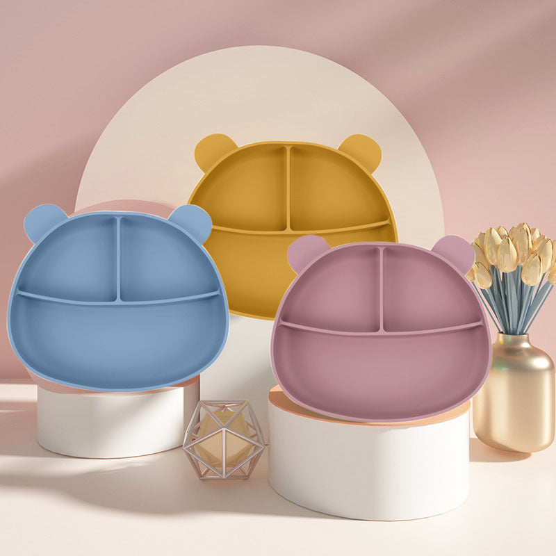 Free Shipping Baby's Supplementary Food Bear Split Plate Anti-scalding Children's Supplementary Food Tableware Drop-resistant Silicone Plate with Suction Cup