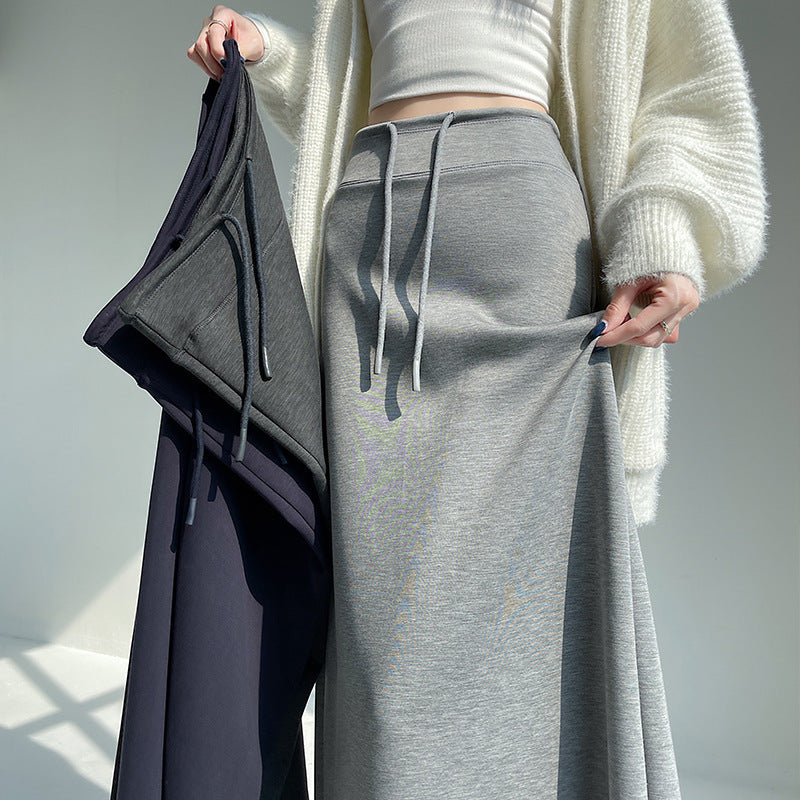 Gray Sports Skirt for Women Spring & Fall New High-Waisted Straight Slit A-Line Skirt Draped Skirt Long Skirt