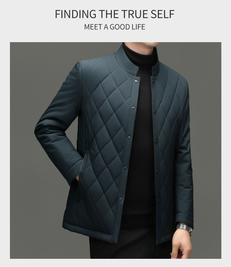 Men's Stand Collar Diamond Pattern Cotton Jacket Autumn and Winter Business Casual Warm Jacket Young and Middle-Aged Fashion Single-Breasted Top