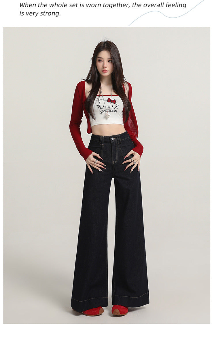 Retro American Style Denim Blue Flared Jeans for Women 2025 Autumn New Slimming Versatile Bootcut Pants