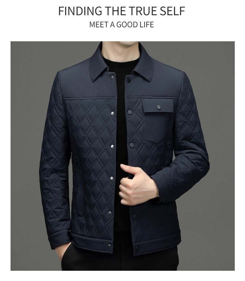 High-end men's mulberry silk cotton-padded coat business casual plaid middle-aged lightweight cotton-padded jacket autumn and winter men's lapel cotton-padded coat