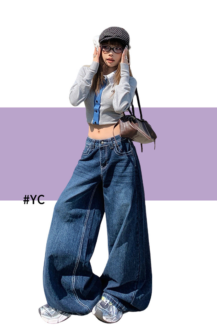 American-Style Dark Blue Wide-Leg Jeans for Women, 2025 Autumn New Straight High-Waisted Loose Slimming Lazy Floor-Length Pants