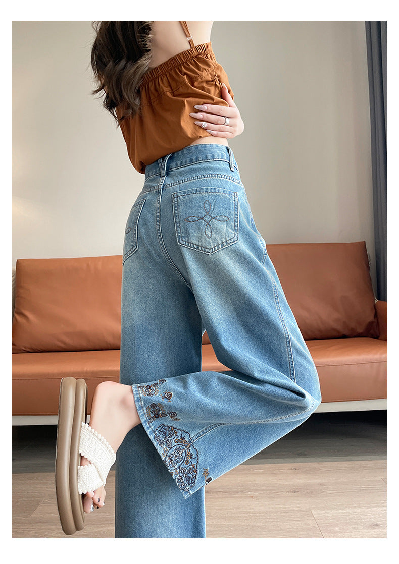 Vintage Embroidered Lace Wide-Leg Jeans for Women 2026 Autumn New Trendy Petite Loose Chinese Style Granny Pants