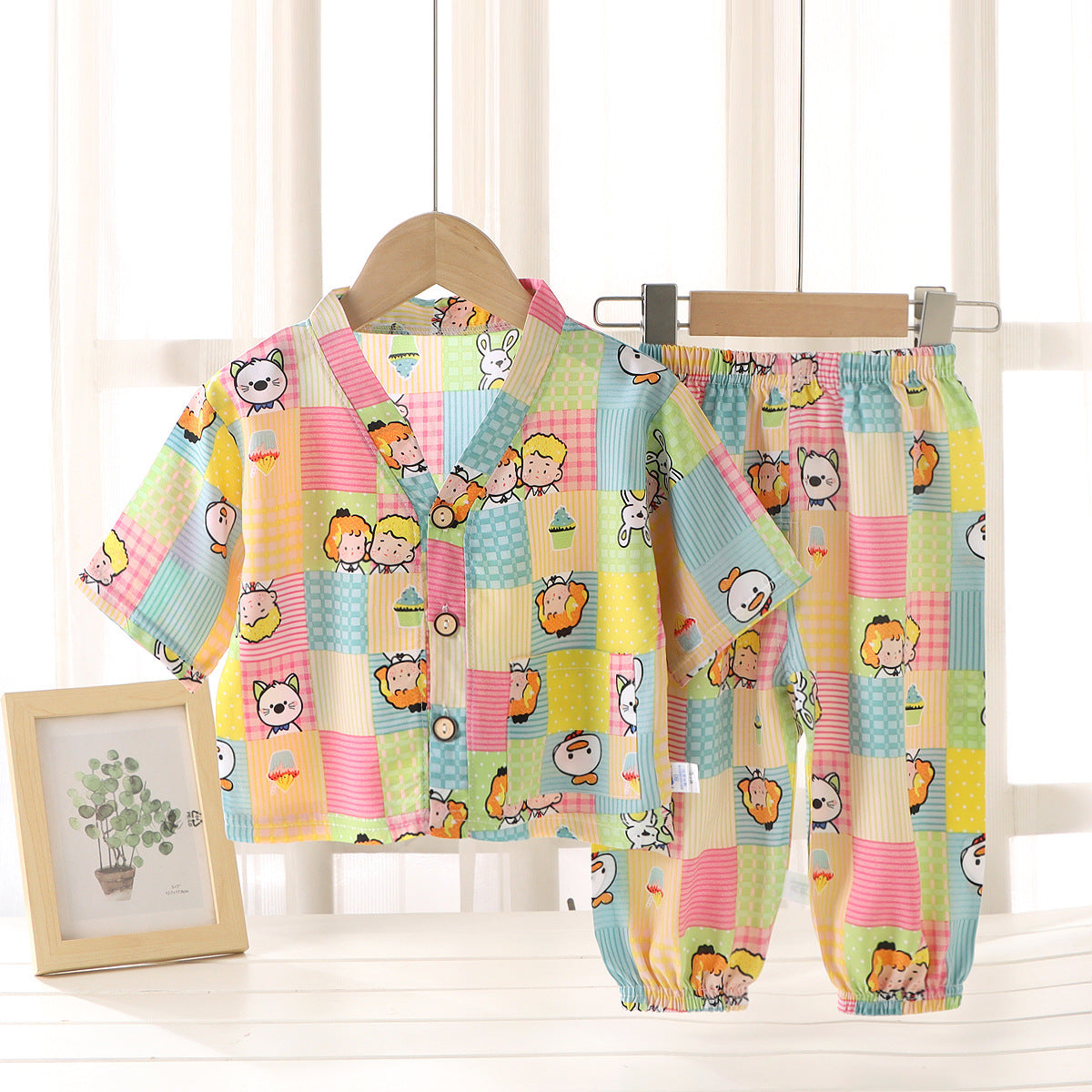 Children's Home Clothes Cotton Silk Suit Summer Boys and Girls Pajamas Artificial Cotton Two-Piece Set Cotton Silk Air-Conditioned Clothes Kidsren's Clothing