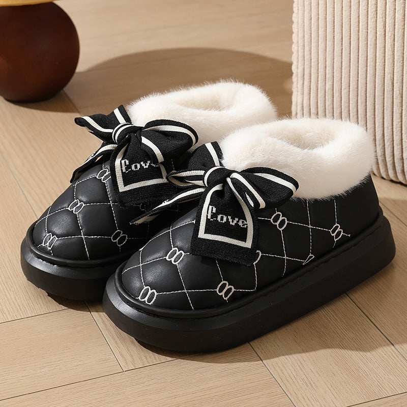 High-value Bow Waterproof Cotton Shoes Women's Bag Heel Winter Indoor Home fleece-lined Non-slip Cotton Slippers for Outer Wearing to Keep Warm