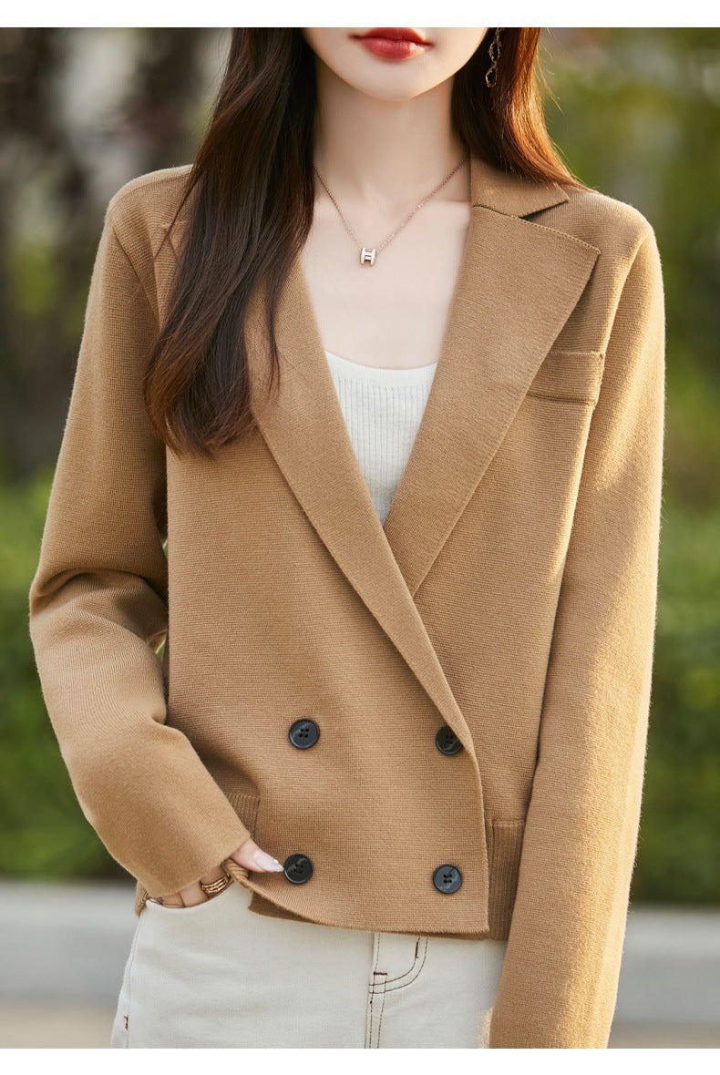 Spring and Autumn Suit Collar Worsted Wool Cardigan Women's Casual Tops Autumn and Winter Cashmere Sweater Top New Style
