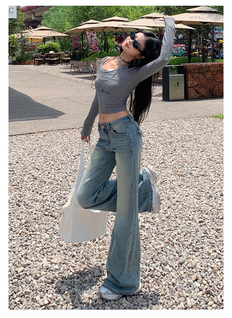 American Hot Girl Washed Retro Slim Jeans for Women Early Autumn New Versatile Fashionable and Comfortable Low-Waist Micro-Flared Pants