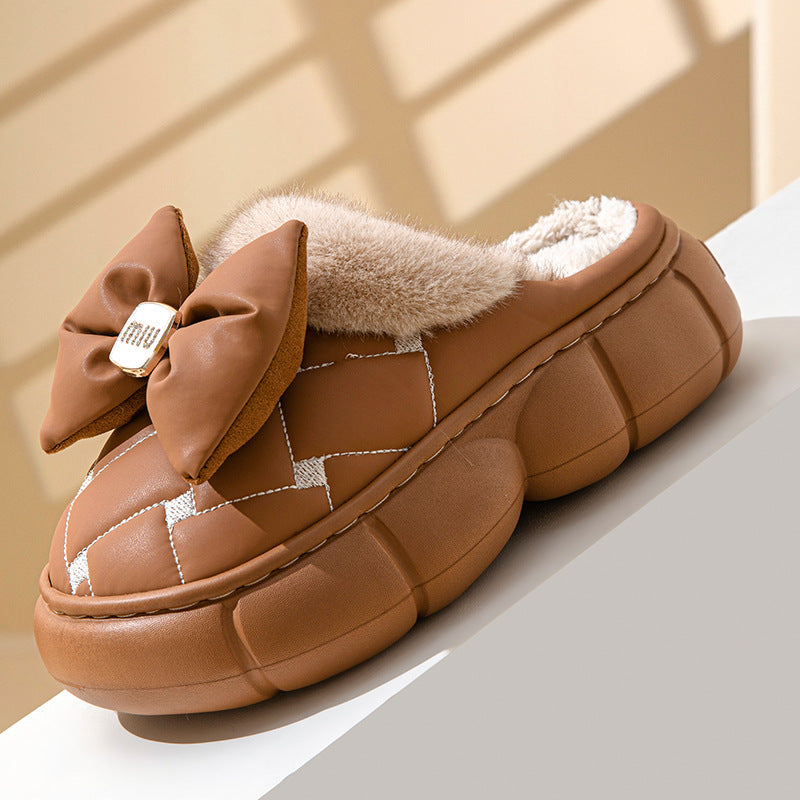 Women's Winter Bow-Knot Thick-Soled Cotton Slippers for Outdoor Wear, Warm, Height-Increasing, Non-Slip, Stylish, Fashionable, Waterproof for Home and Indoor Use