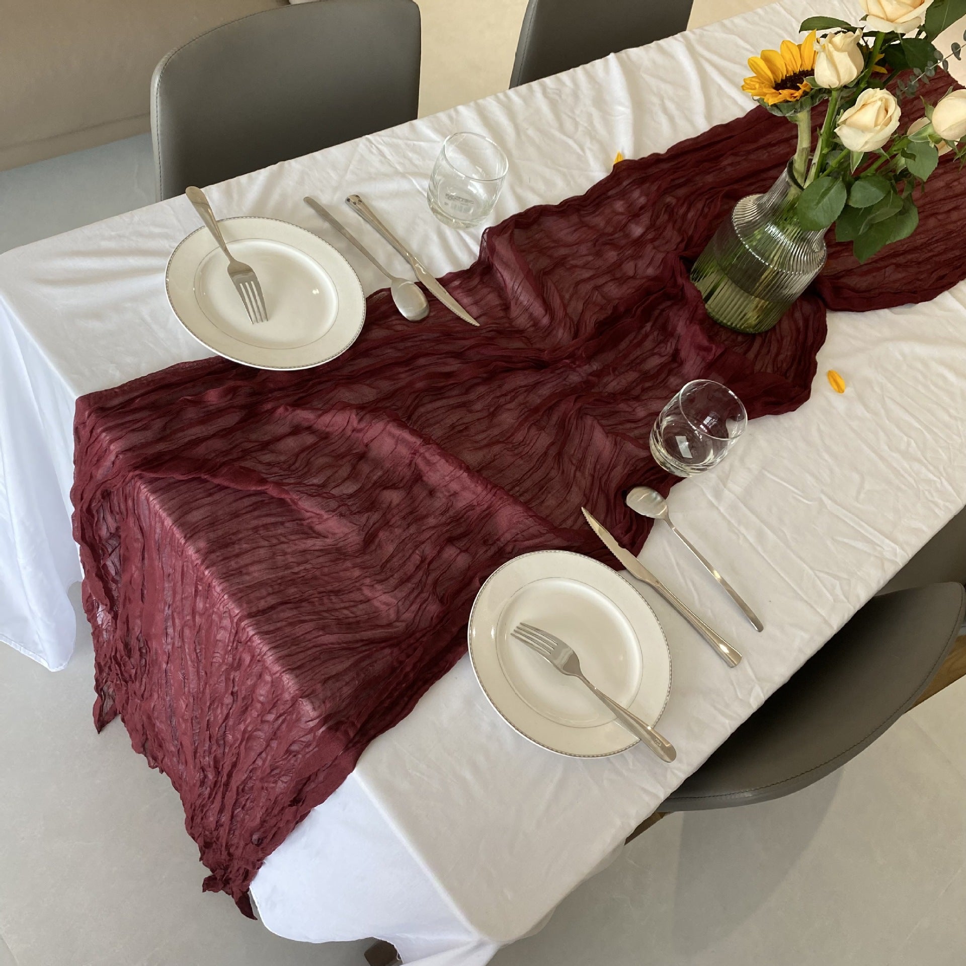 Bali Crepe Table Flag Foreign Trade Western Tablecloth Light Luxury High-End Wedding Party Decoration Pleated Table Flag Wholesale