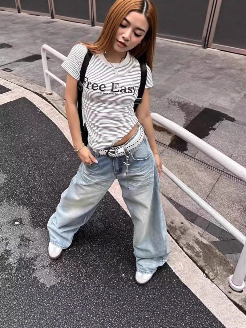 Women's Spring and Summer Thin Drape Jeans 2025 New Fashion High-Waisted Slimming Light Blue Straight Wide-Leg Floor-Length Pants