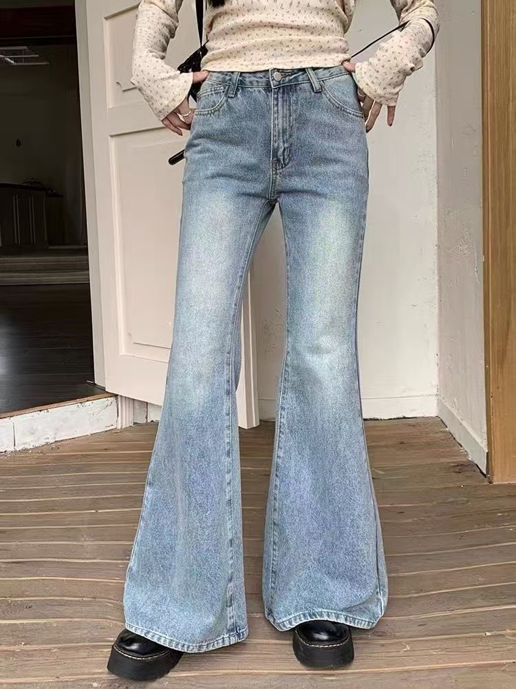Light Blue Flared Jeans for Women, New Plus Size, Slimming Versatile High-Waisted Wide-Leg Pants with a Stylish Design