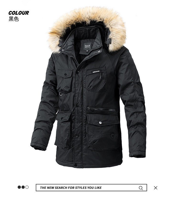 Autumn and winter new men's windbreaker Korean slim fit mid-length thick hooded coat plus size casual men's trendy