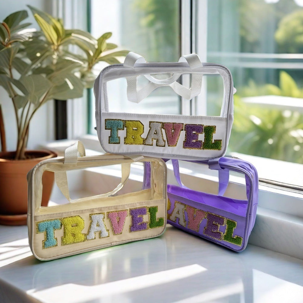 Amazon Cross Border Transparent PVC Handbag Embroidered Letters Storage Bag Large Capacity Travel Wash Bag