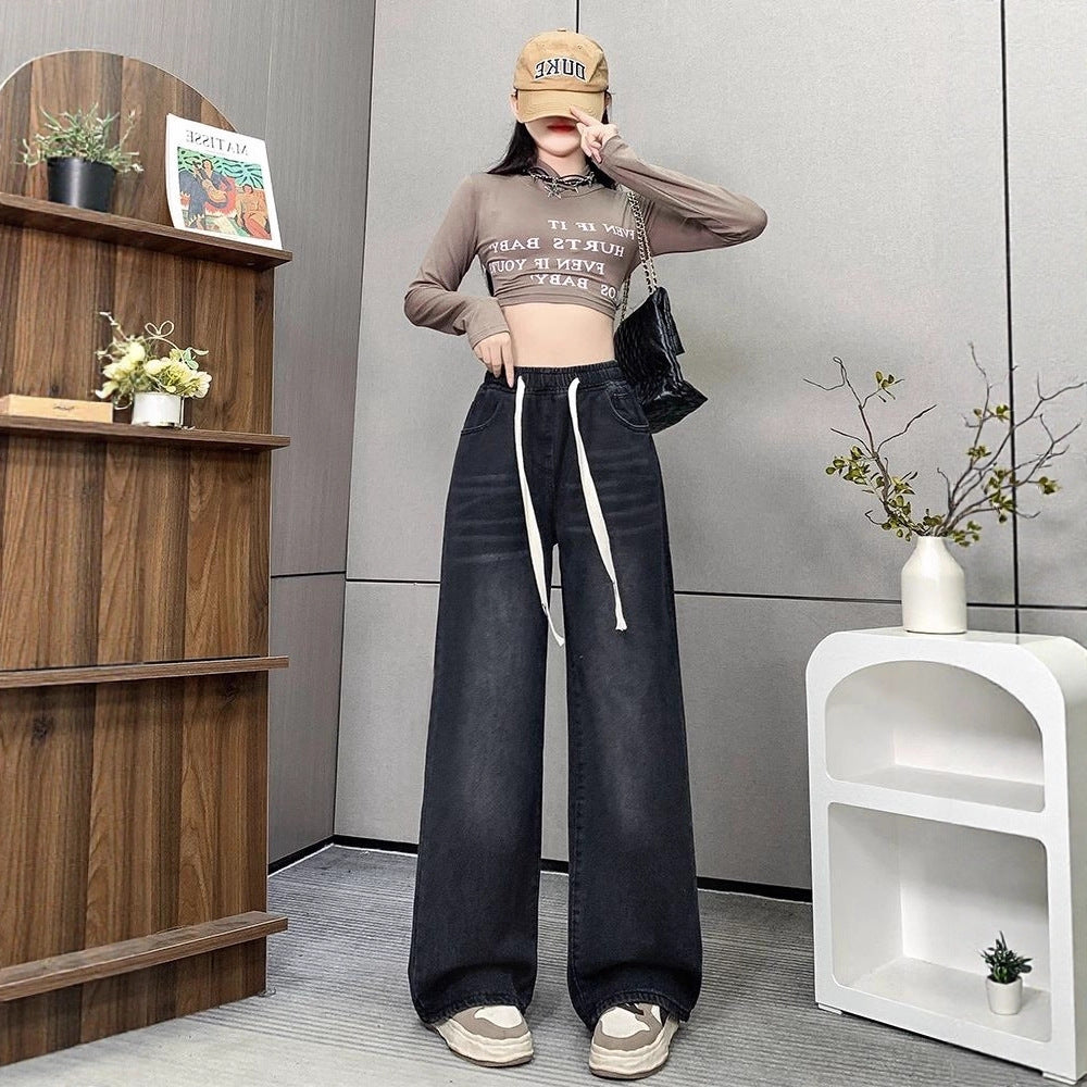 Spring and Summer High-Waisted Wide-Leg Floor-Length Pants for Women, Slim and Versatile Korean Style Student Elastic Waist Drawstring Jeans Large Size