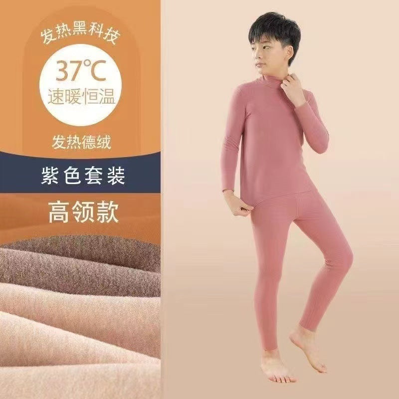 Mid-high collar children's velvet thermal suit for boys ground plush cold-proof one-piece velvet large children's thick thermal underwear