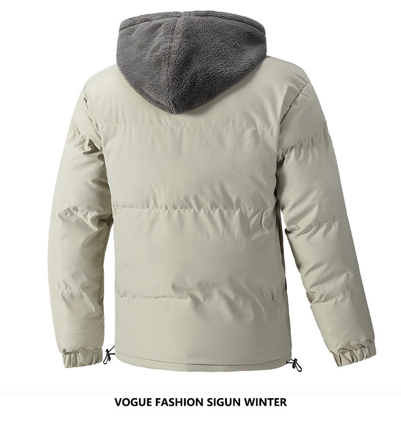 2025 Winter New Cross-Border Men's Cotton Jacket, Faux Two-Piece Solid Color Design with Fleece Lining and Thickened Polar Fleece Cotton Coat
