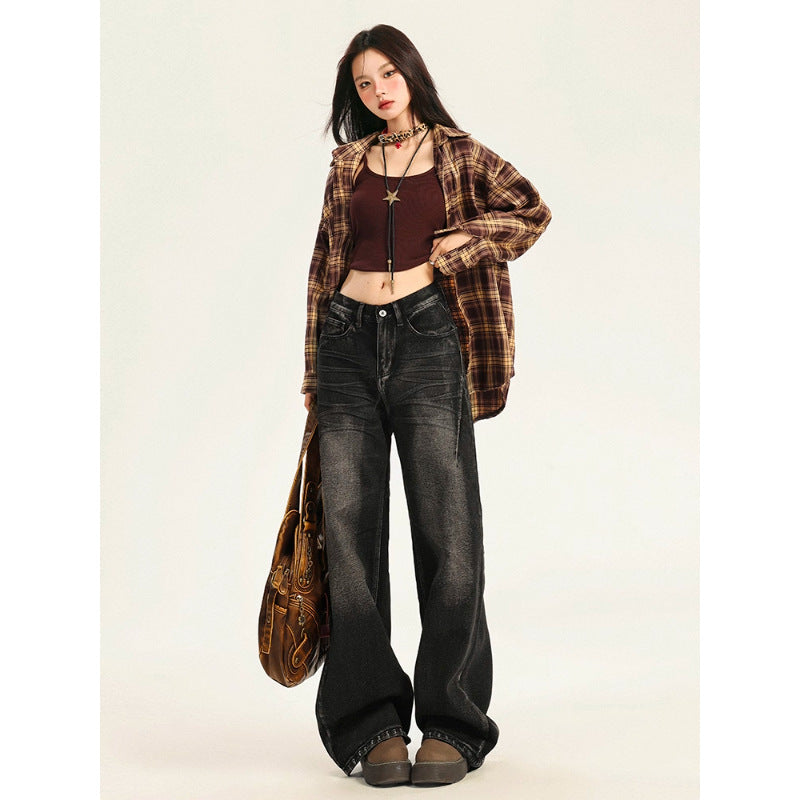 American Large Size Retro Black and Gray Jeans for Women Spring and Autumn New High-Waist Slim Straight Loose Wide-Leg Floor-Length Trousers