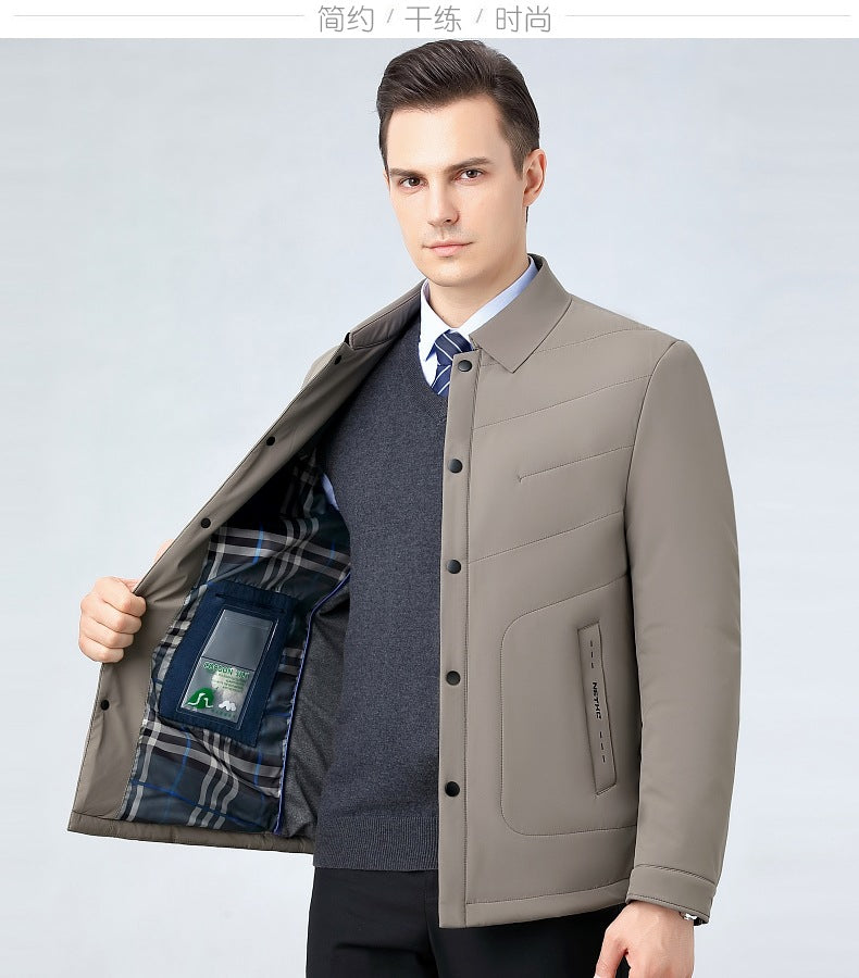2025 Winter Mulberry Silk Men's Cotton Jacket with Turn-Down Collar, Quilted Middle-Aged Business Casual Cotton Coat for Dad