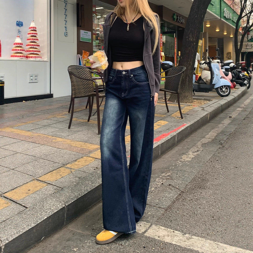 American-Style Embroidered Dark Blue Denim Wide-Leg Pants for Women, New Autumn and Winter Design, Lazy Versatile Casual Drape Straight-Leg Pants