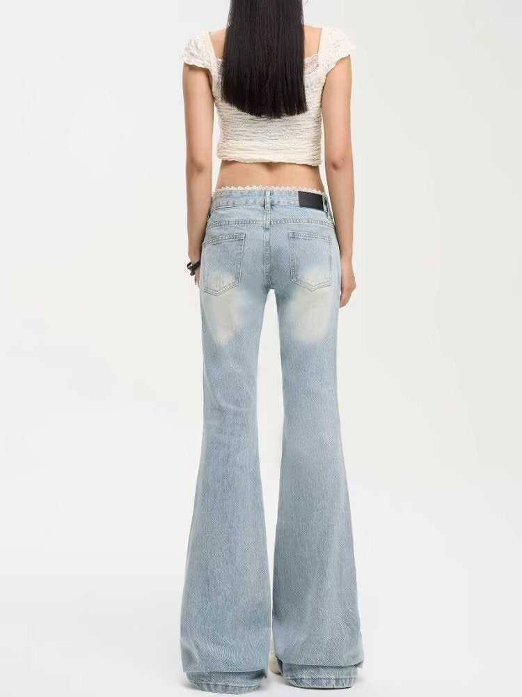 Washed Blue American Style Bootcut Pants for Women 2025 Autum New Lace Splicing Versatile Slimming Look Low-Waist Retro Jeans