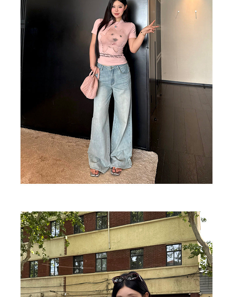 2025 Spring and Autum New Wide-Leg Ripped Jeans Women's Blue Loose Versatile Casual Straight Long Pants Trendy