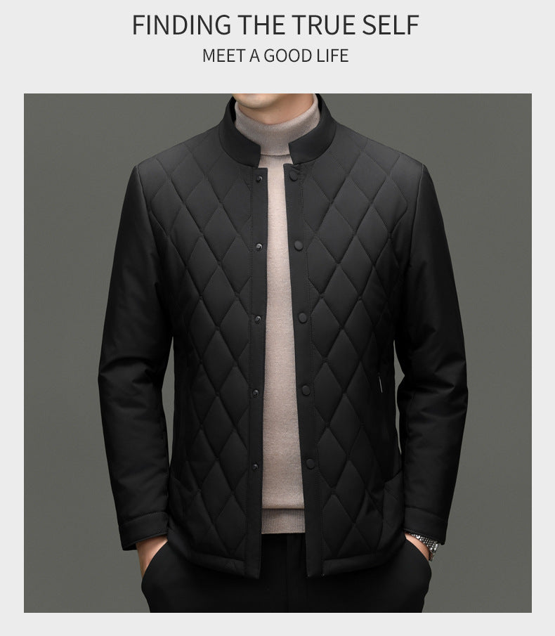 Men's Stand Collar Diamond Pattern Cotton Jacket Autumn and Winter Business Casual Warm Jacket Young and Middle-Aged Fashion Single-Breasted Top