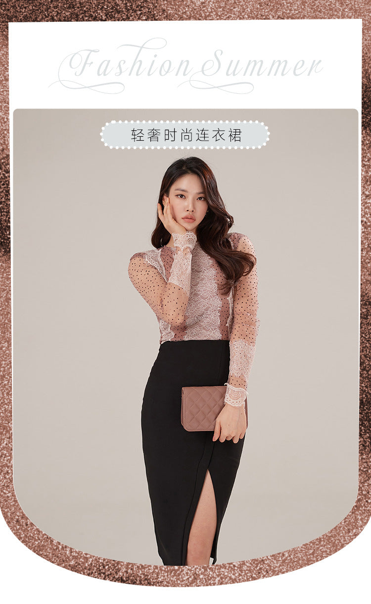 Foreign Trade Women's Clothing 2025 Spring and Summer Round Neck Sexy Polka Dot Mesh Slim Top + High Waist Slim Slit Hip Skirt